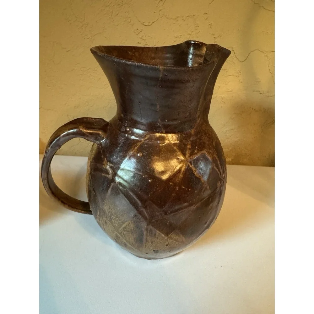 Vintage Studio Pottery Pitcher Hand Thrown Faceted Brown Glaze Art Jug Rustic